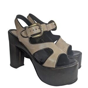 Vintage 70s Leather Platform Sandals Disco Chunky Block Heel Slingback Brown 7.5